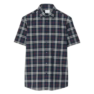 Áo Sơ Mi Nam Burberry Short Sleeve Check-Print Cotton Shirt Kẻ Caro Màu Xanh Navy